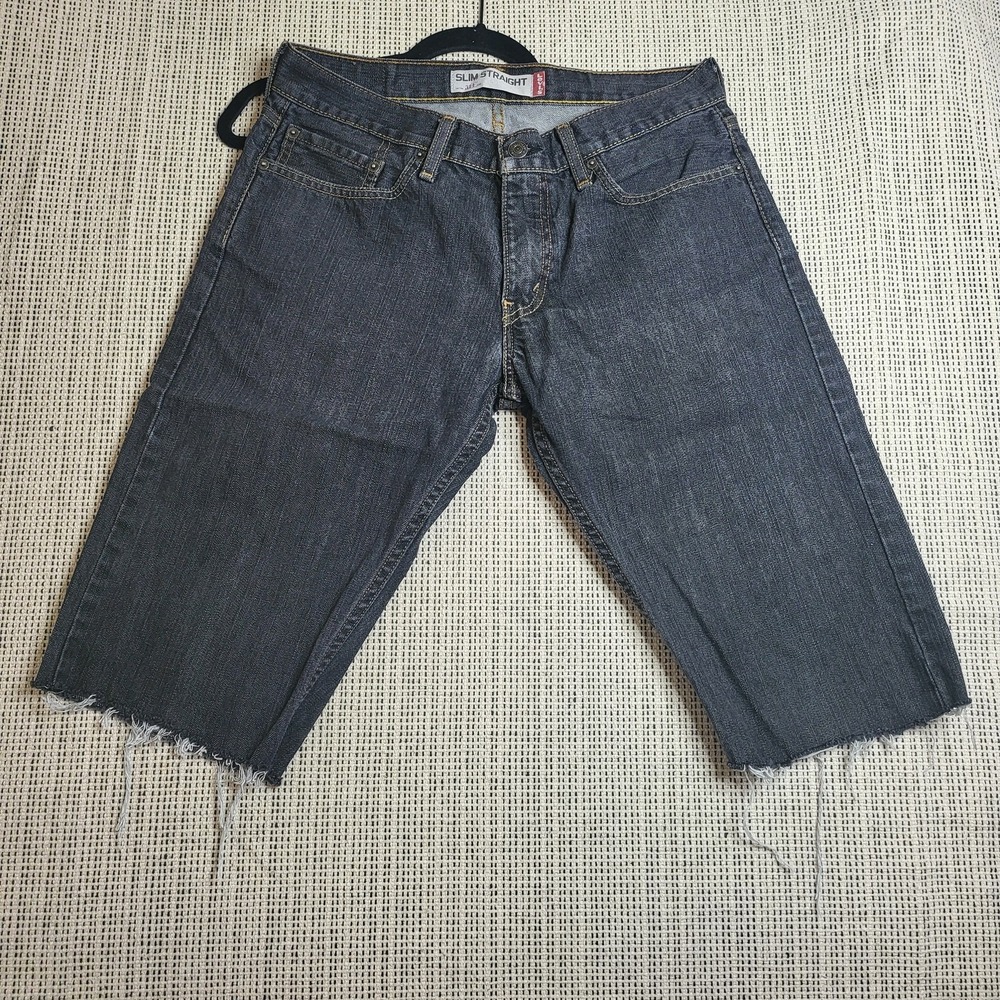 Levis 514 Jeans Mens 32x34 Blue Slim Straight Distressed Cut Off Raw Hem Denim